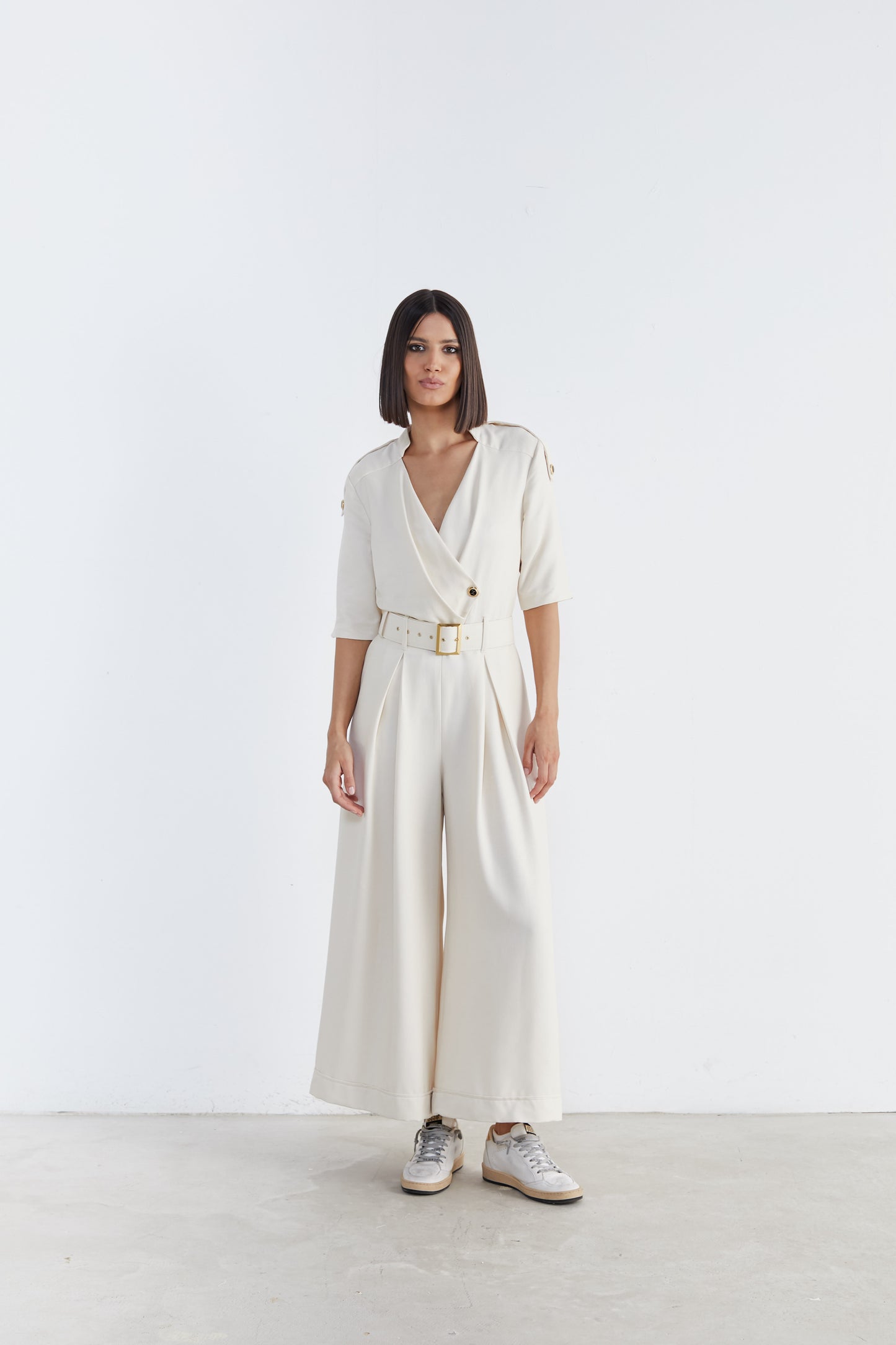 Captivating Elegance: Short-Sleeve Belted Jumpsuit