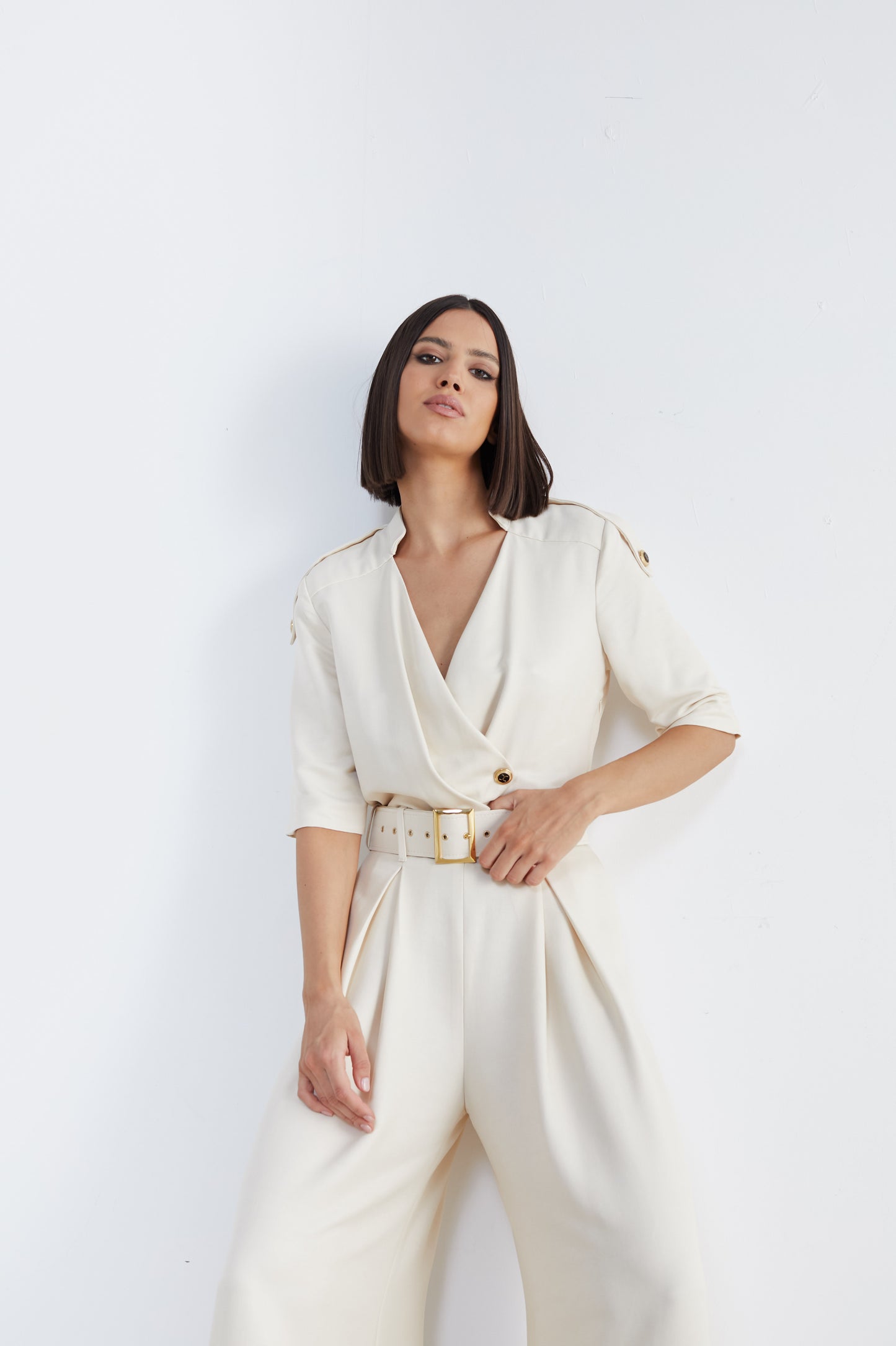 Captivating Elegance: Short-Sleeve Belted Jumpsuit