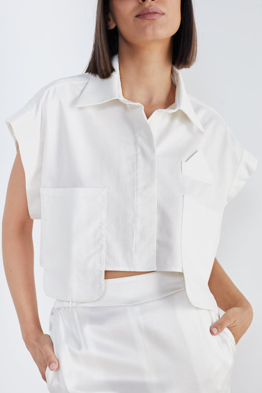 White Shoulder-Cut Crop Shirt