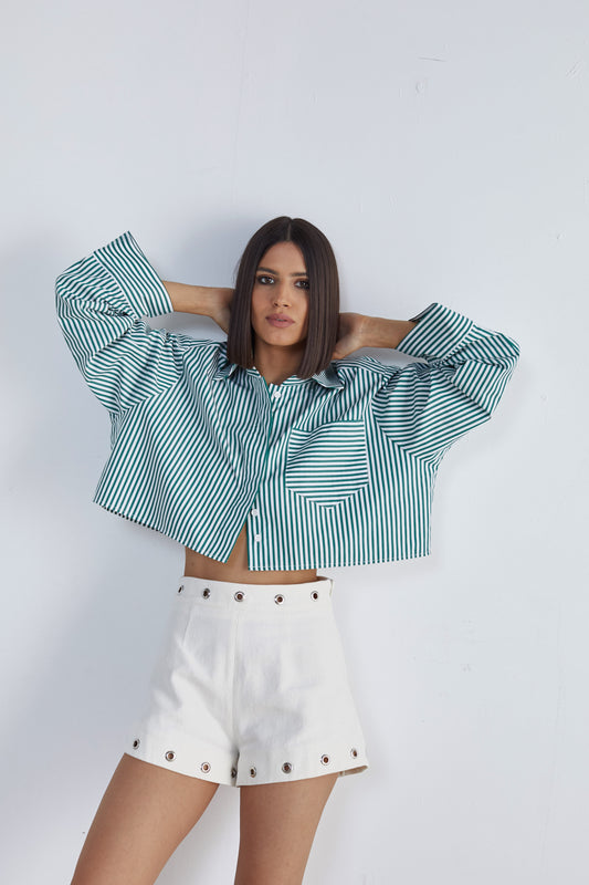 Green & White Striped Crop Shirt