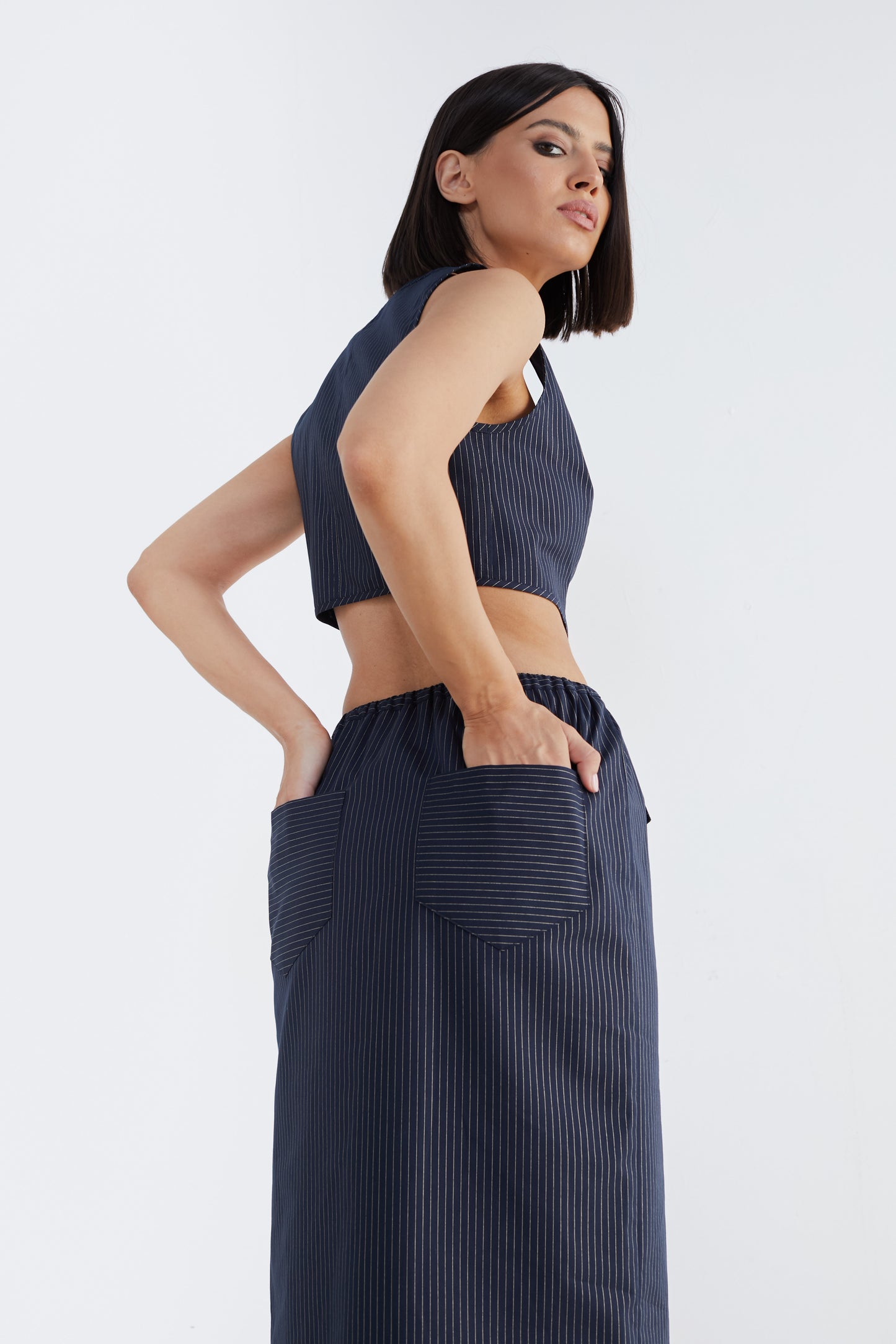 Navy Striped Charm: Sleeveless Top and Midi Skirt Set