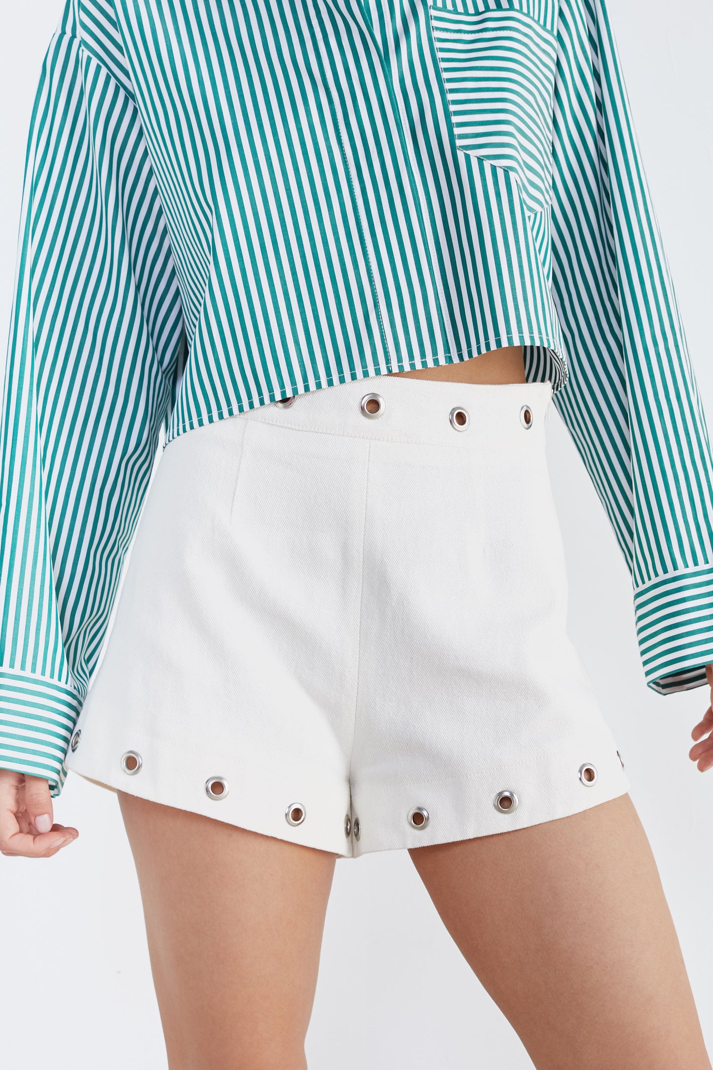 Snap Edge: White Distressed Shorts