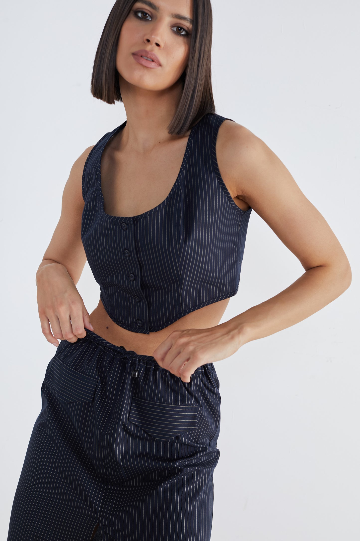 Navy Striped Charm: Sleeveless Top and Midi Skirt Set