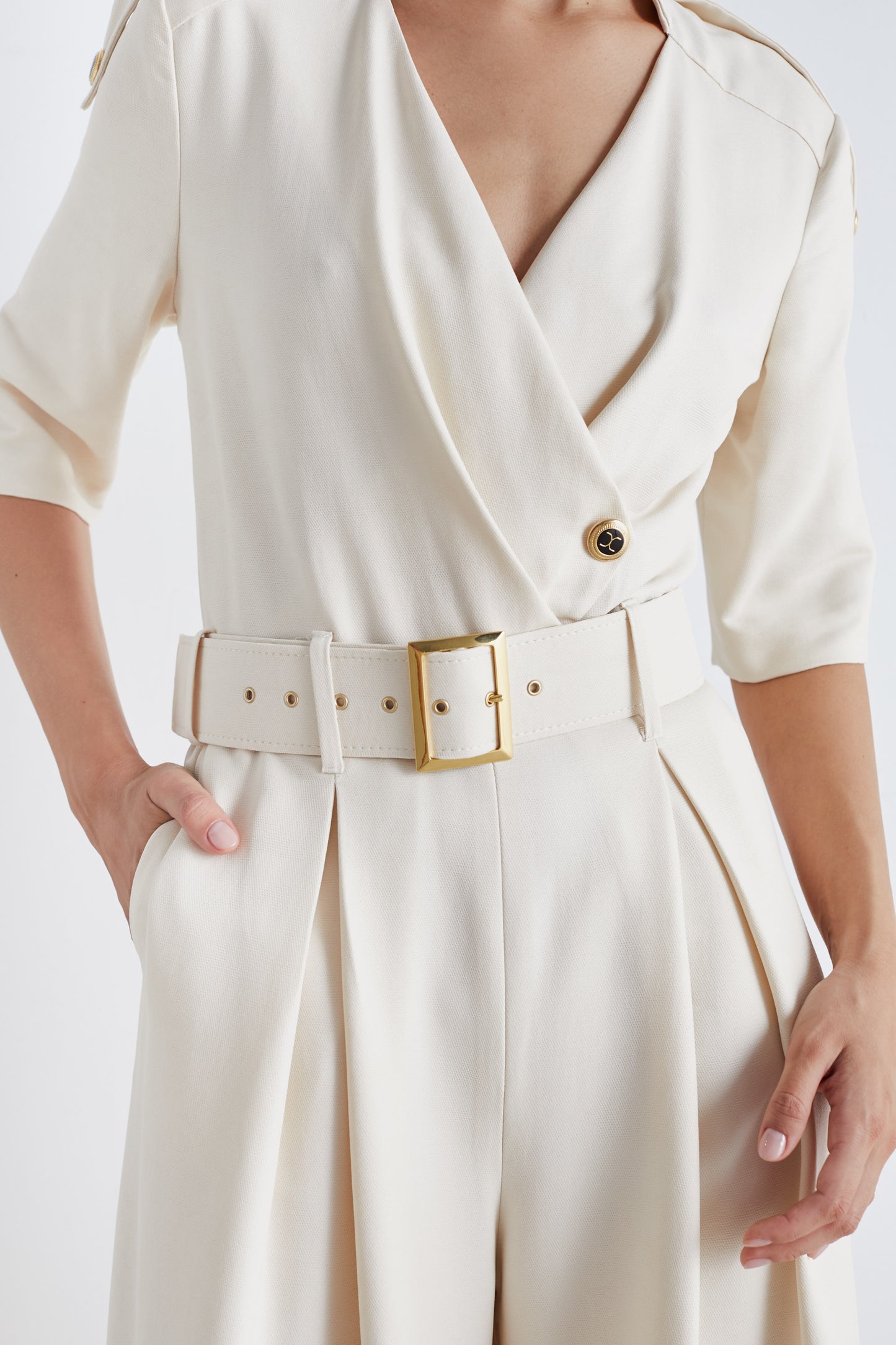 Captivating Elegance: Short-Sleeve Belted Jumpsuit